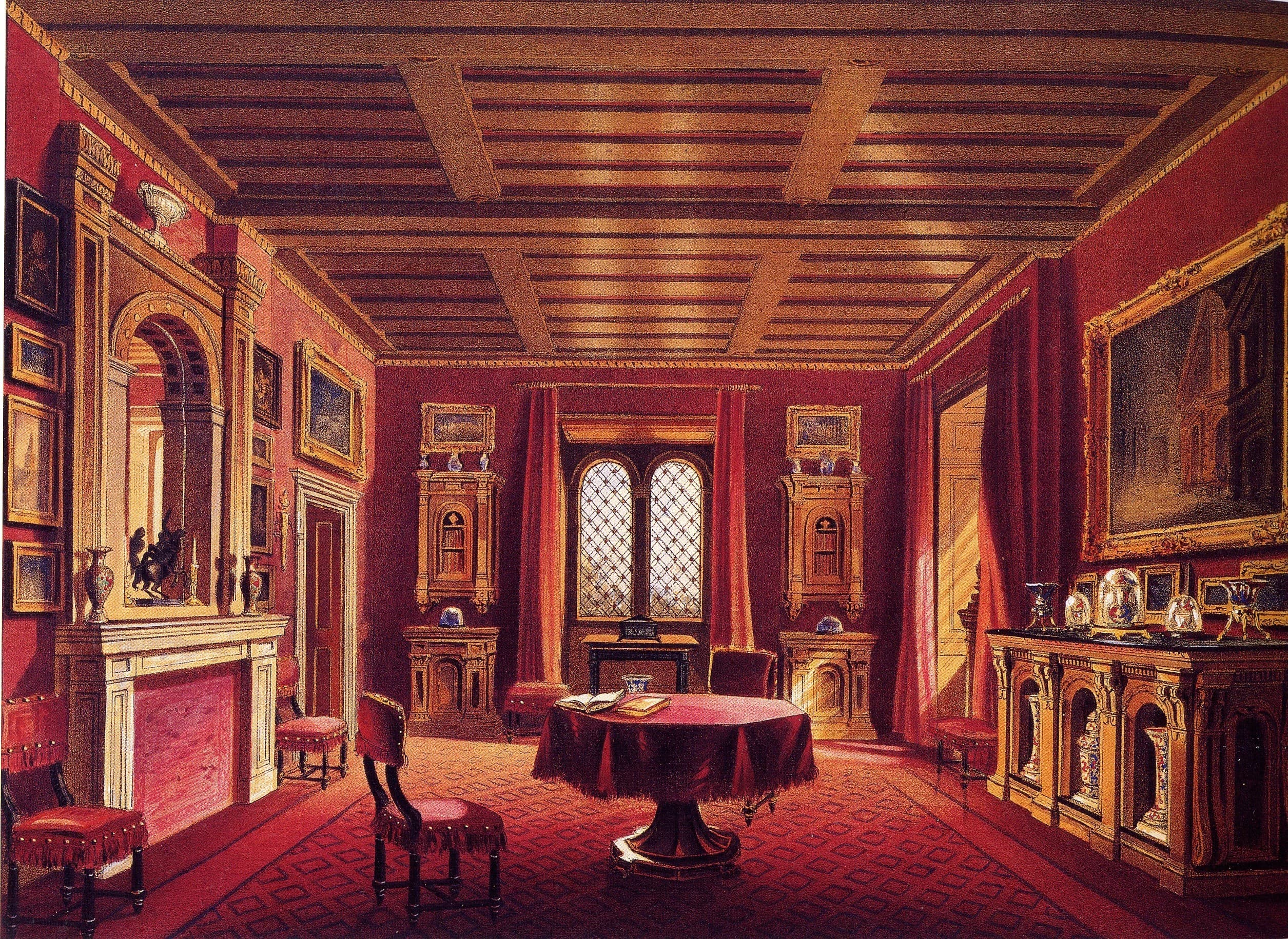 The Crimson Drawing Room, C.J. Richardson after Willes Maddox, from Views of Lansdown Tower, by Edmund English, 1844