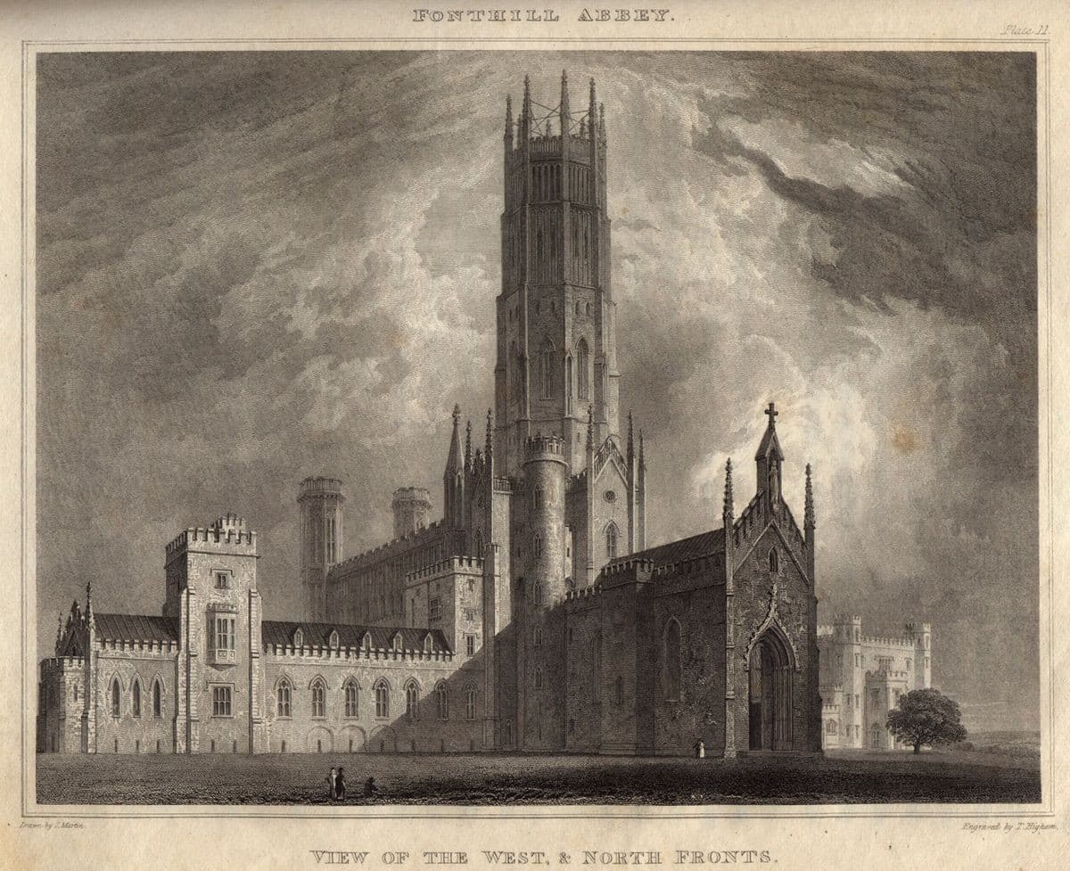 Fonthill Abbey, West and North Fronts, from Delineations of Fonthill and its Abbey, by John Rutter, 1823